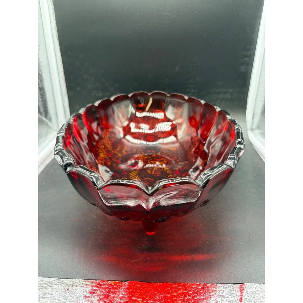 Vintage Ruby Red Amberina Glass Footed Bowl Scalloped Fruit Pattern Centerpiece